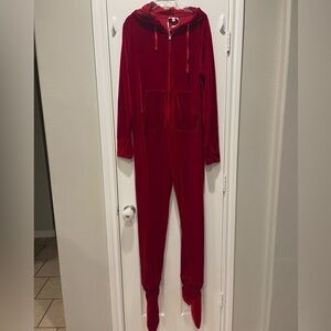 Hoodie Footie One Piece Pajamas Red Velour Velvet Comfy Cozy Removable Feet